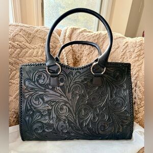 Hand tooled leather tote shoulder bag